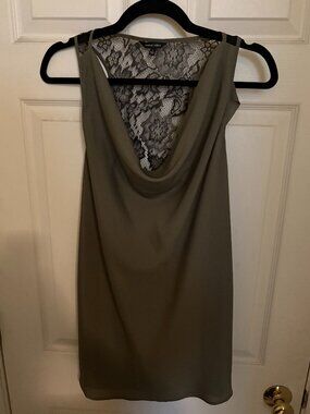 Olive Green Rayon & Black Lace Cowl-Neck & Open Back Y2K Inspired Tunic Top (L)